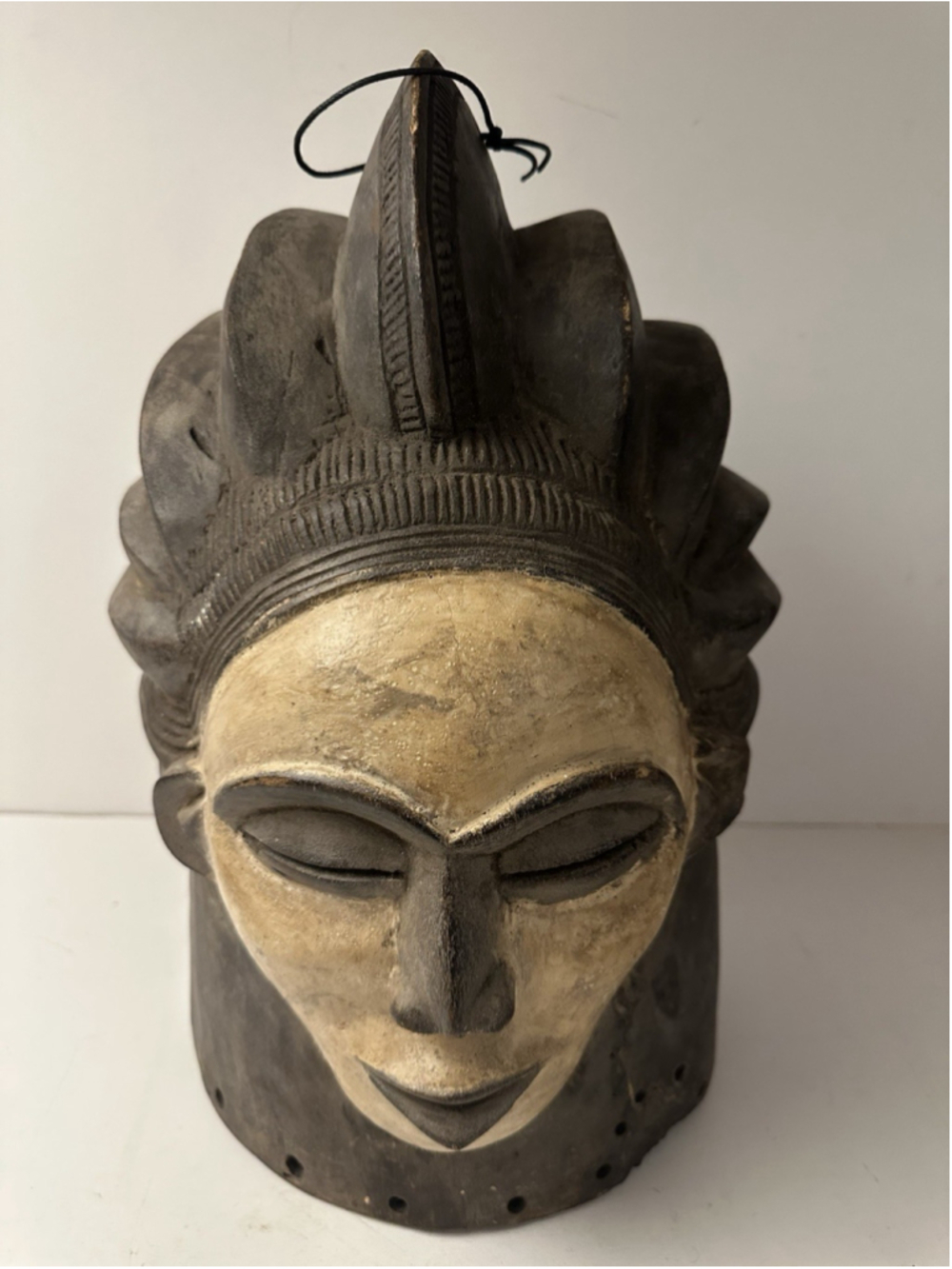 Hand Carved African Wood Helmet Mask White Face Kaolin Clay Tribal Wall Art 16.5